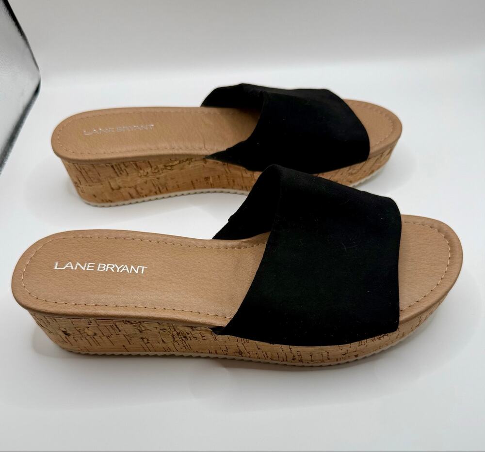 Lane Bryant Women’s Black Faux Suede Cork Wedge Sandals Comfort Slip On Size 10W